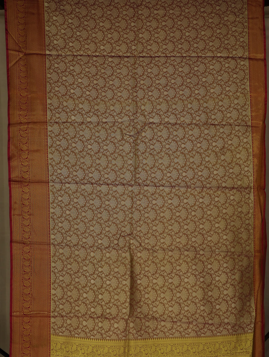 Champagne Gold Kanchipuram Inspired Semi Silk Saree with Wide Wide Contrast Border