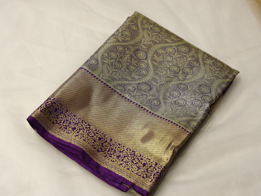 Champagne Gold Kanchipuram Inspired Semi Silk Saree with Medium Medium Contrast Border