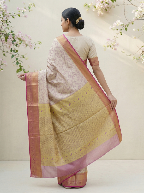 Champagne Gold Dharmavaram Inspired Semi Silk Saree with Wide Wide Contrast Border