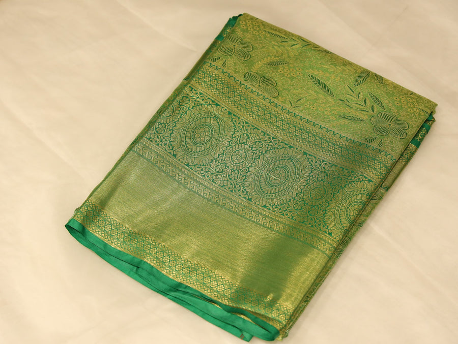 Sage Green Kanchipuram Inspired Semi Silk Saree with Wide Wide Self Border