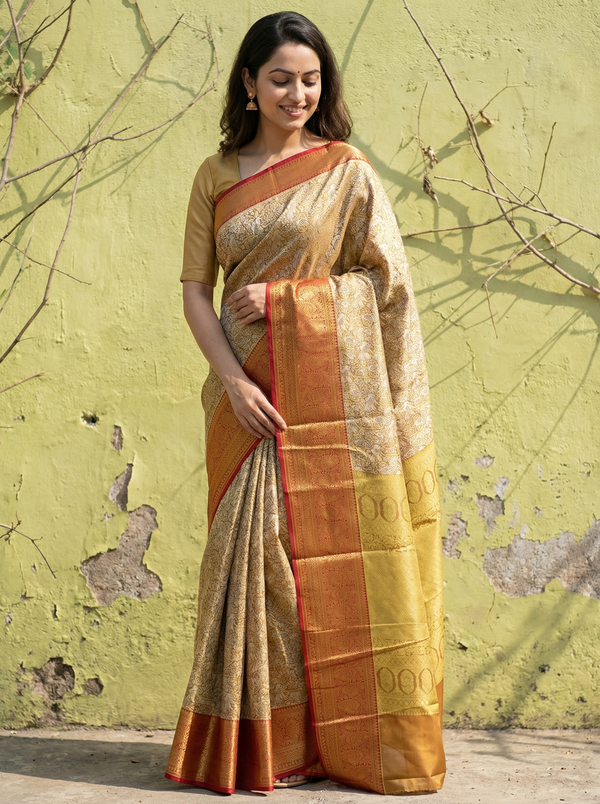 Champagne Gold Dharmavaram Inspired Semi Silk Saree with Medium Medium Contrast Border