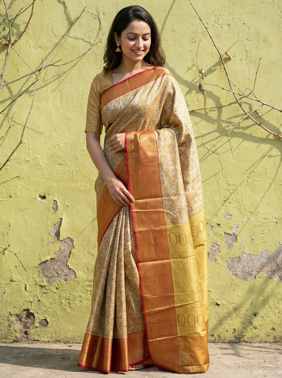 Champagne Gold Dharmavaram Inspired Semi Silk Saree with Medium Medium Contrast Border