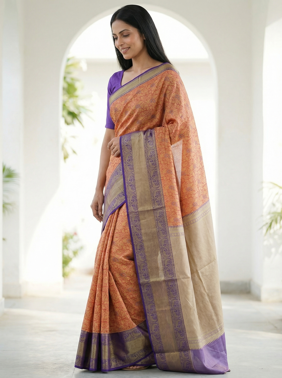Amber Beige Uppada Inspired Semi Silk Saree with Medium Medium Contrast Border