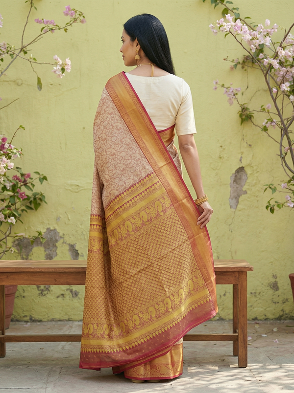 Champagne Gold Dharmavaram Inspired Semi Silk Saree with Wide Wide Contrast Border