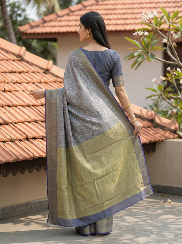 Steel Blue Kanchipuram Inspired Semi Silk Saree with Medium Medium Contrast Border