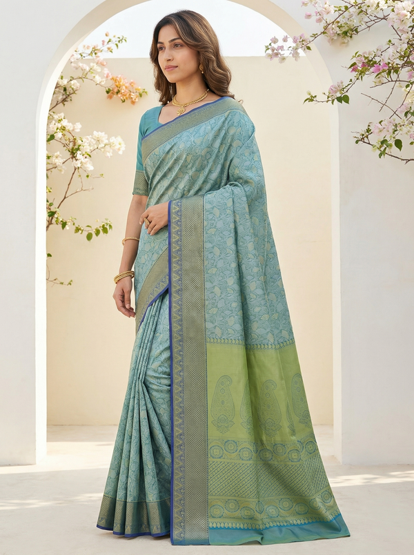 Sage Green Dharmavaram Inspired Semi Silk Saree with Medium Medium Contrast Border