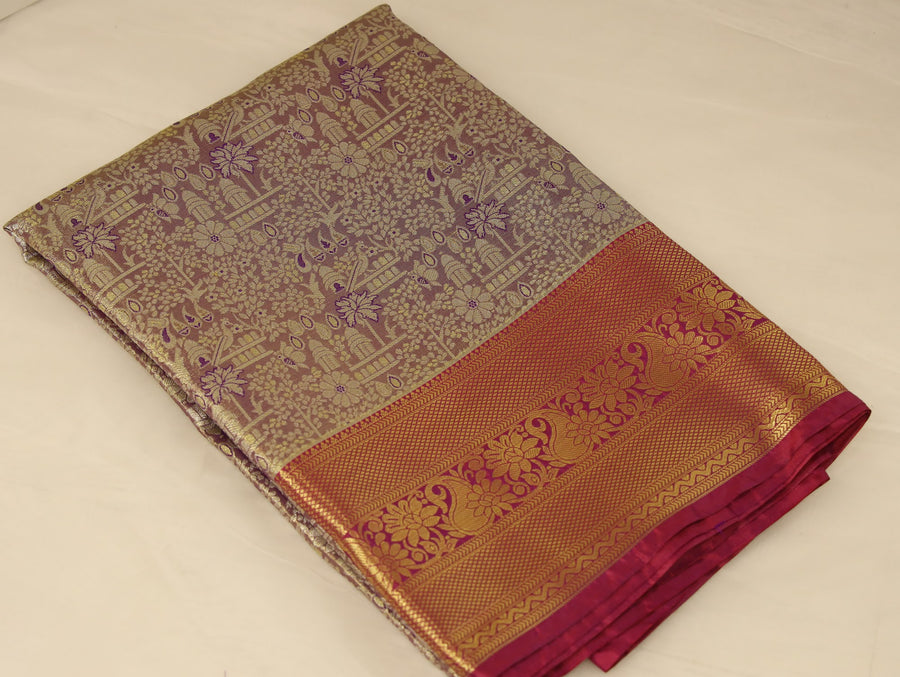 Antique Gold Dharmavaram Inspired Semi Silk Saree with Medium Medium Contrast Border
