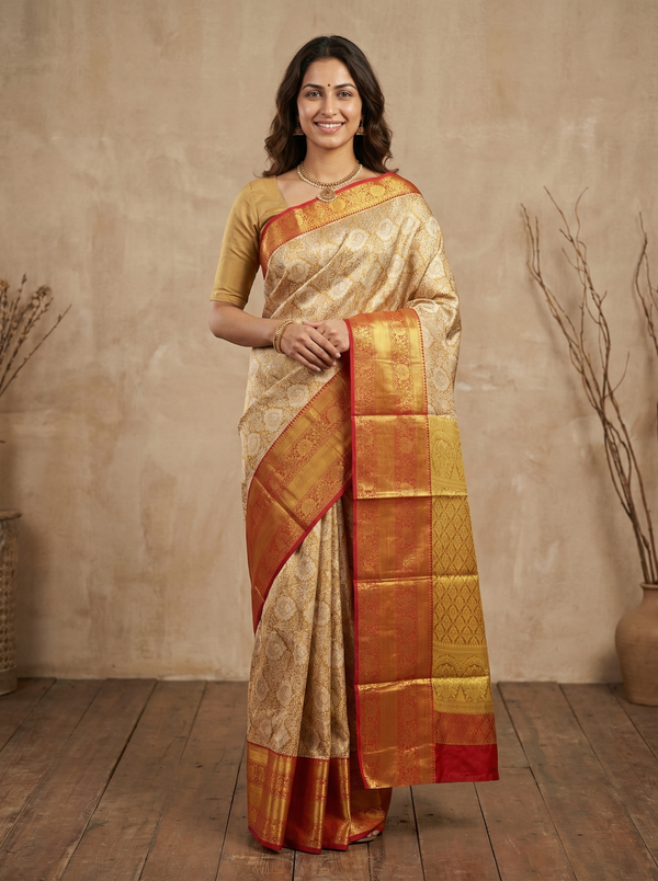 Champagne Gold Dharmavaram Inspired Semi Silk Saree with Wide Wide Contrast Border