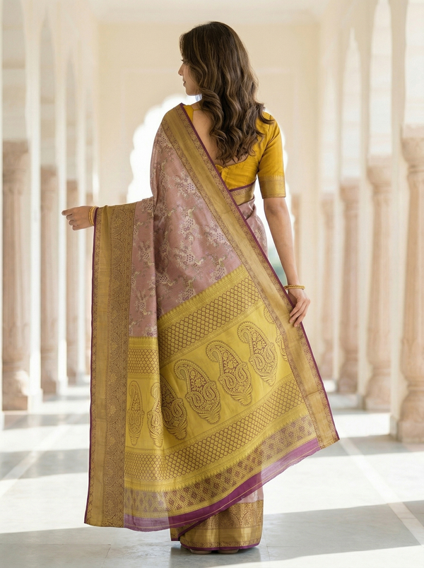 Dusky Blush Dharmavaram Inspired Semi Silk Saree with Wide Wide Contrast Border