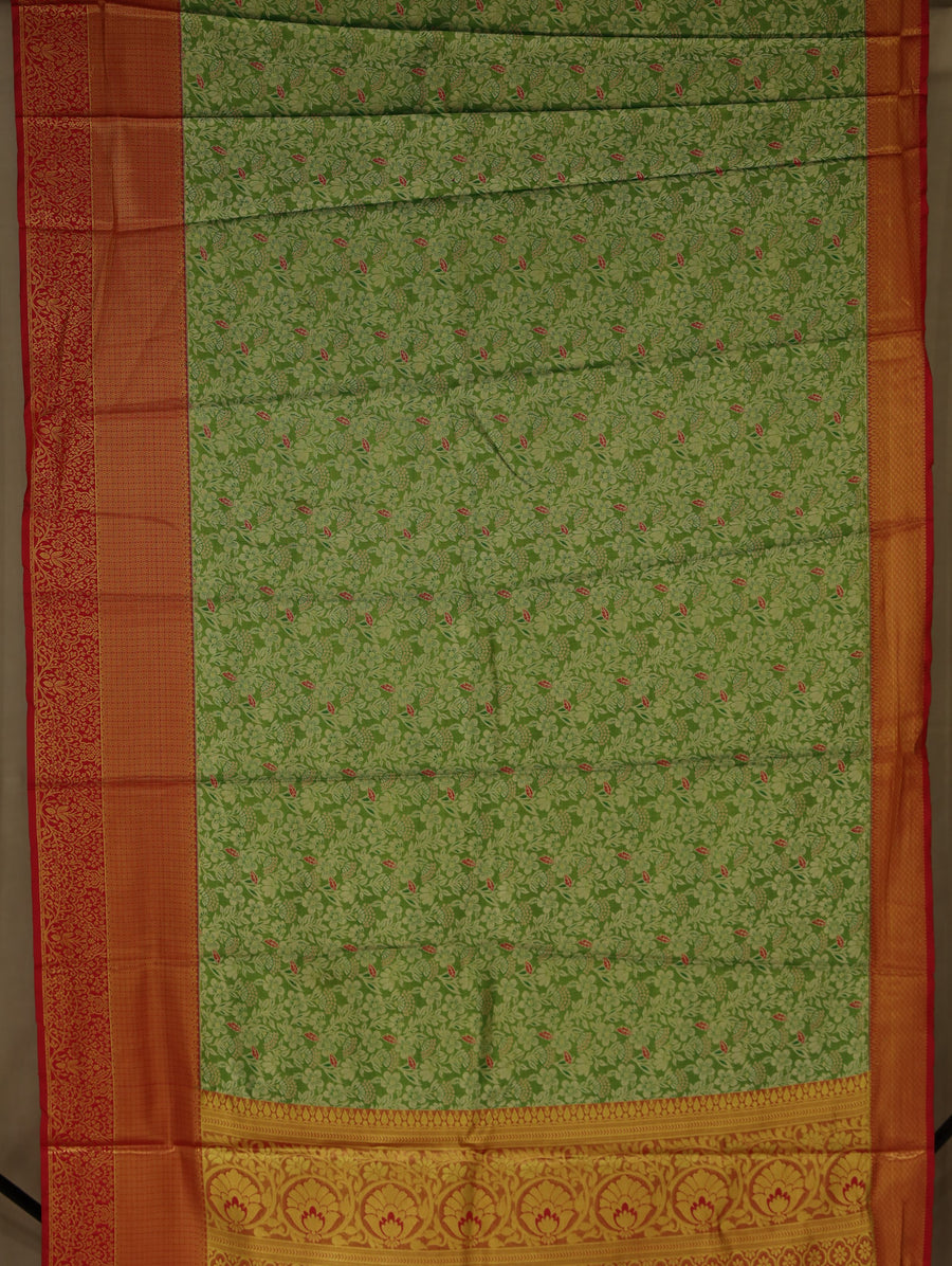 Sage Green Kanchipuram Inspired Semi Silk Saree with Wide Wide Contrast Border