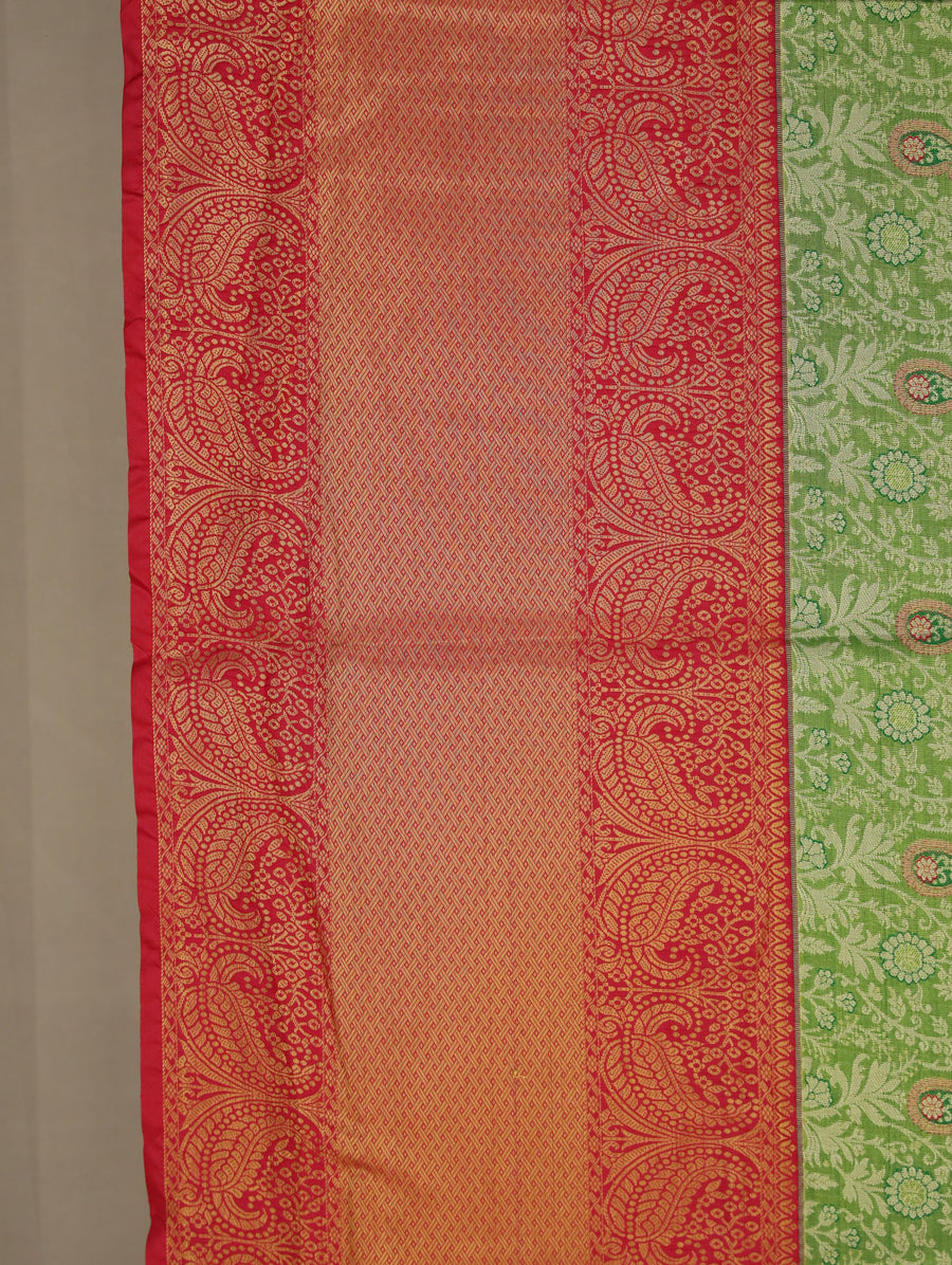 Lime Green Kanchipuram Inspired Semi Silk Saree with Wide Wide Contrast Border