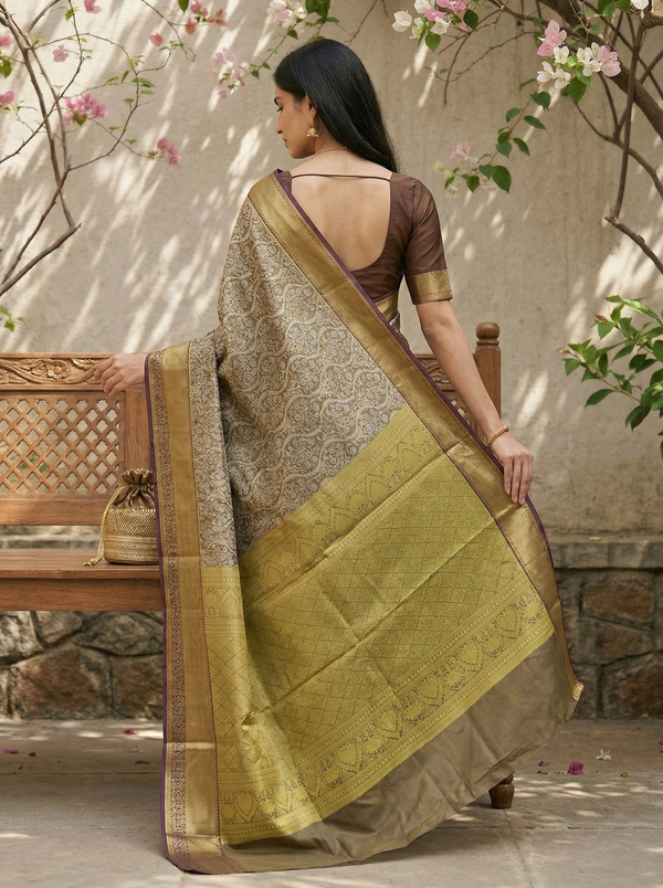 Champagne Gold Kanchipuram Inspired Semi Silk Saree with Medium Medium Contrast Border