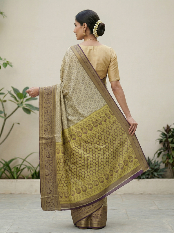 Champagne Gold Kanchipuram Inspired Semi Silk Saree with Wide Wide Contrast Border