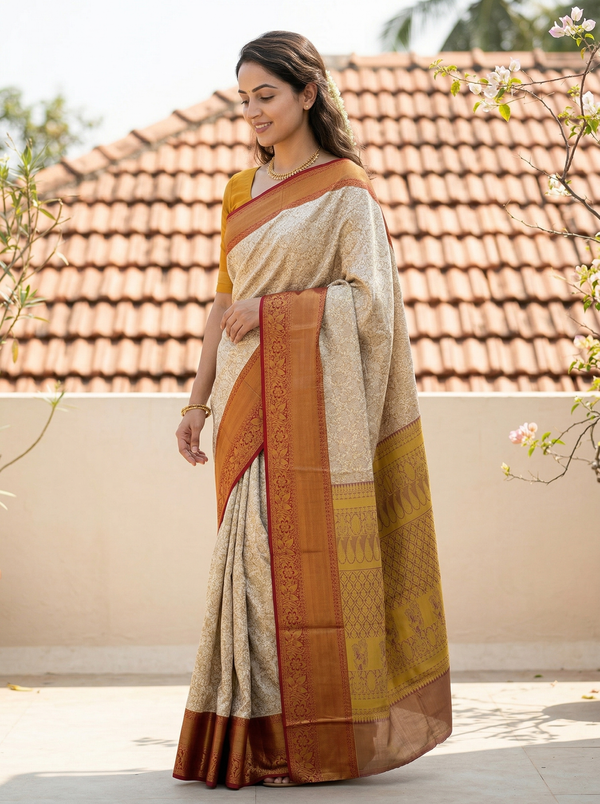 Champagne Gold Dharmavaram Inspired Semi Silk Saree with Wide Wide Contrast Border