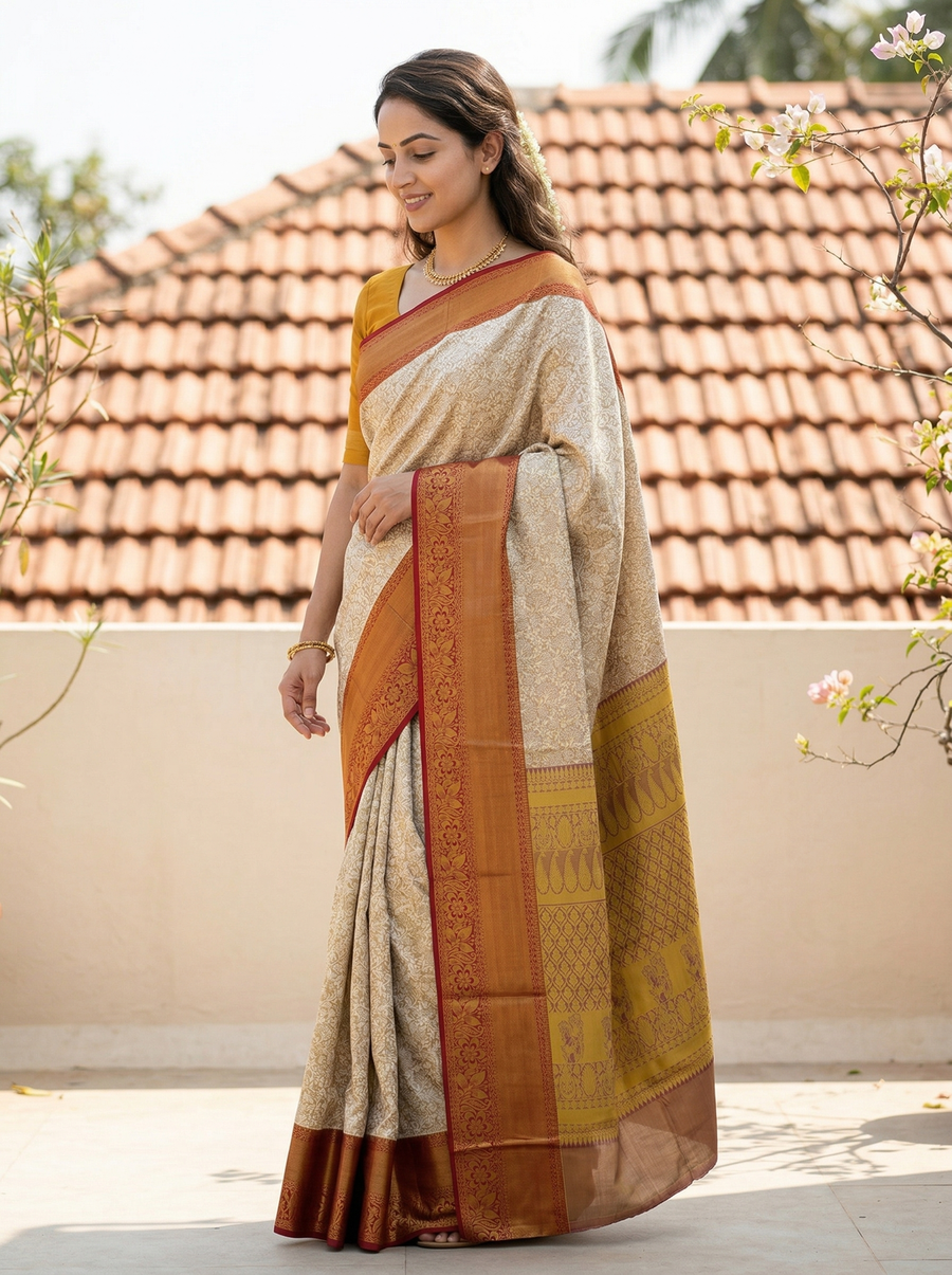 Champagne Gold Dharmavaram Inspired Semi Silk Saree with Wide Wide Contrast Border