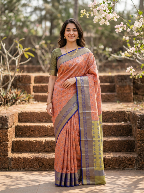 Olive Green Uppada Inspired Semi Silk Saree with Medium Medium Contrast Border