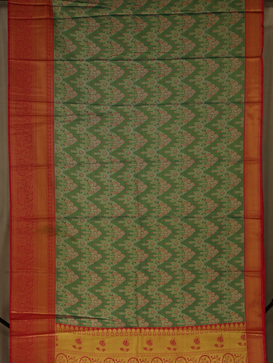 Sage Green Kanchipuram Inspired Semi Silk Saree with Wide Wide Contrast Border