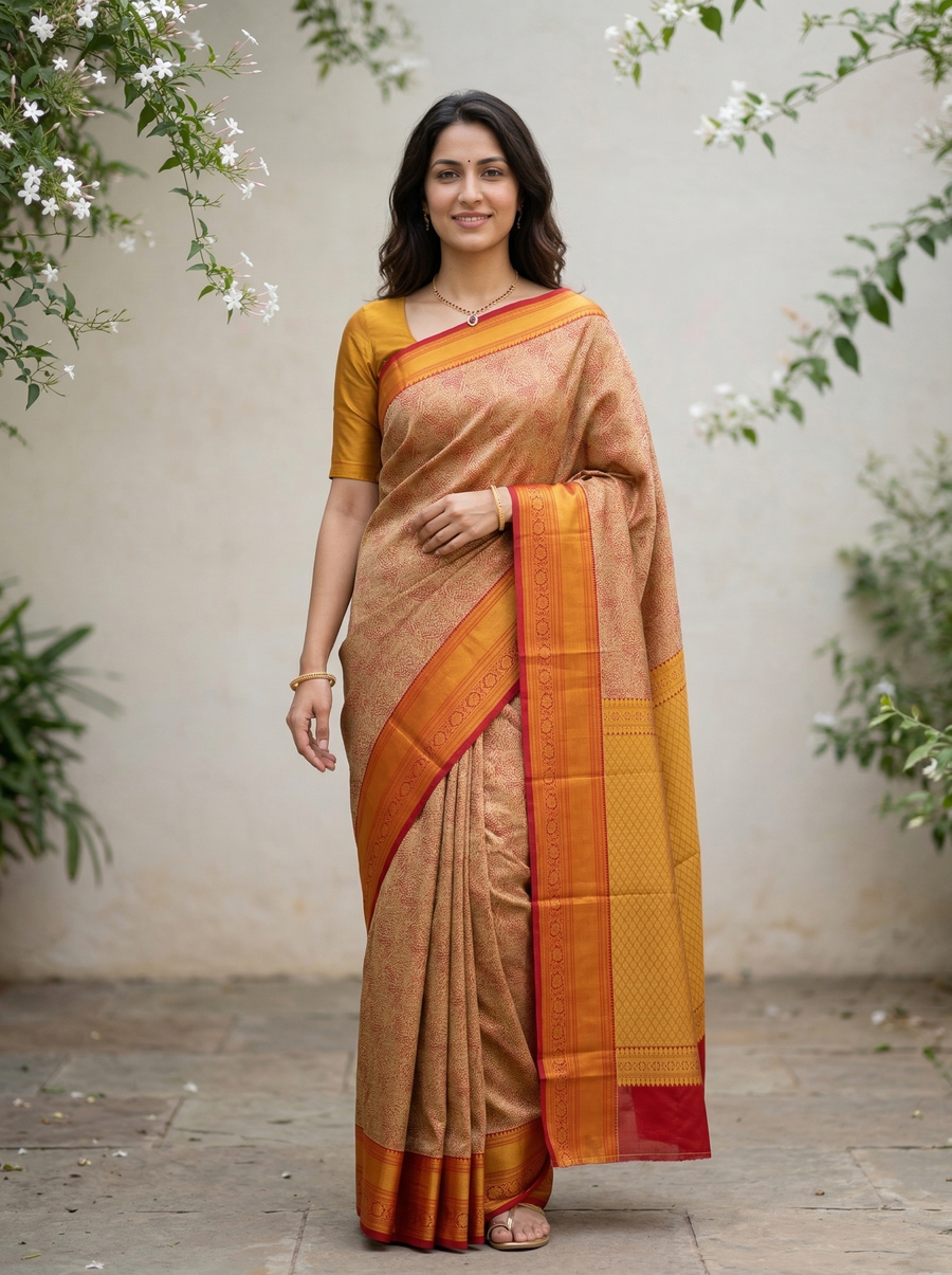 Saffron Gold Dharmavaram Inspired Semi Silk Saree with Medium Medium Contrast Border