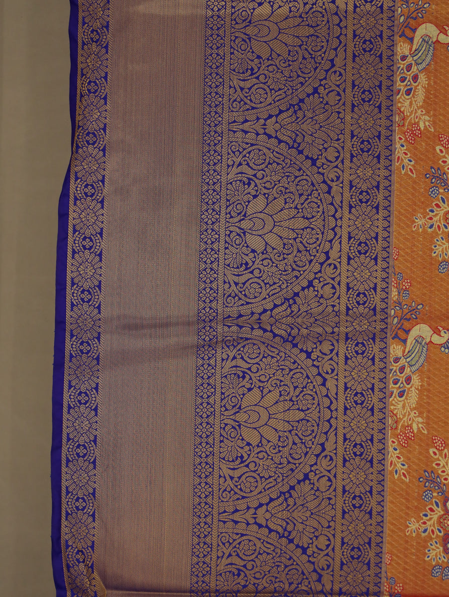 Burnt Orange Kanchipuram Inspired Semi Silk Saree with Wide Wide Contrast Border