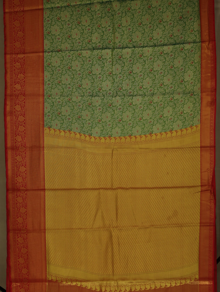 Sage Green Kanchipuram Inspired Semi Silk Saree with Wide Wide Contrast Border