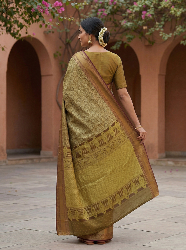 Champagne Gold Kanchipuram Inspired Semi Silk Saree with Narrow Narrow Contrast Border