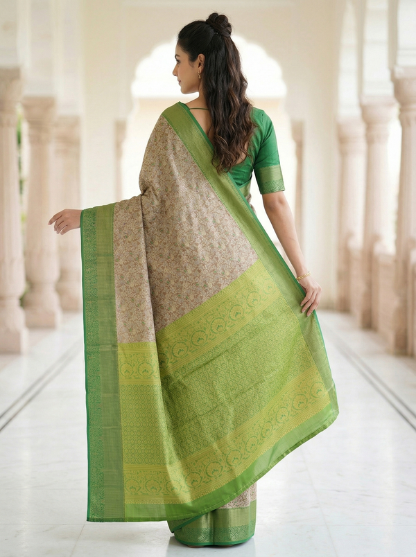 Champagne Beige Kanchipuram Inspired Semi Silk Saree with Medium Medium Contrast Border