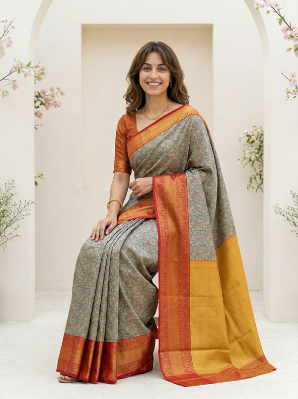 Sage Green Gadwal Inspired Semi Silk Saree with Wide Wide Contrast Border