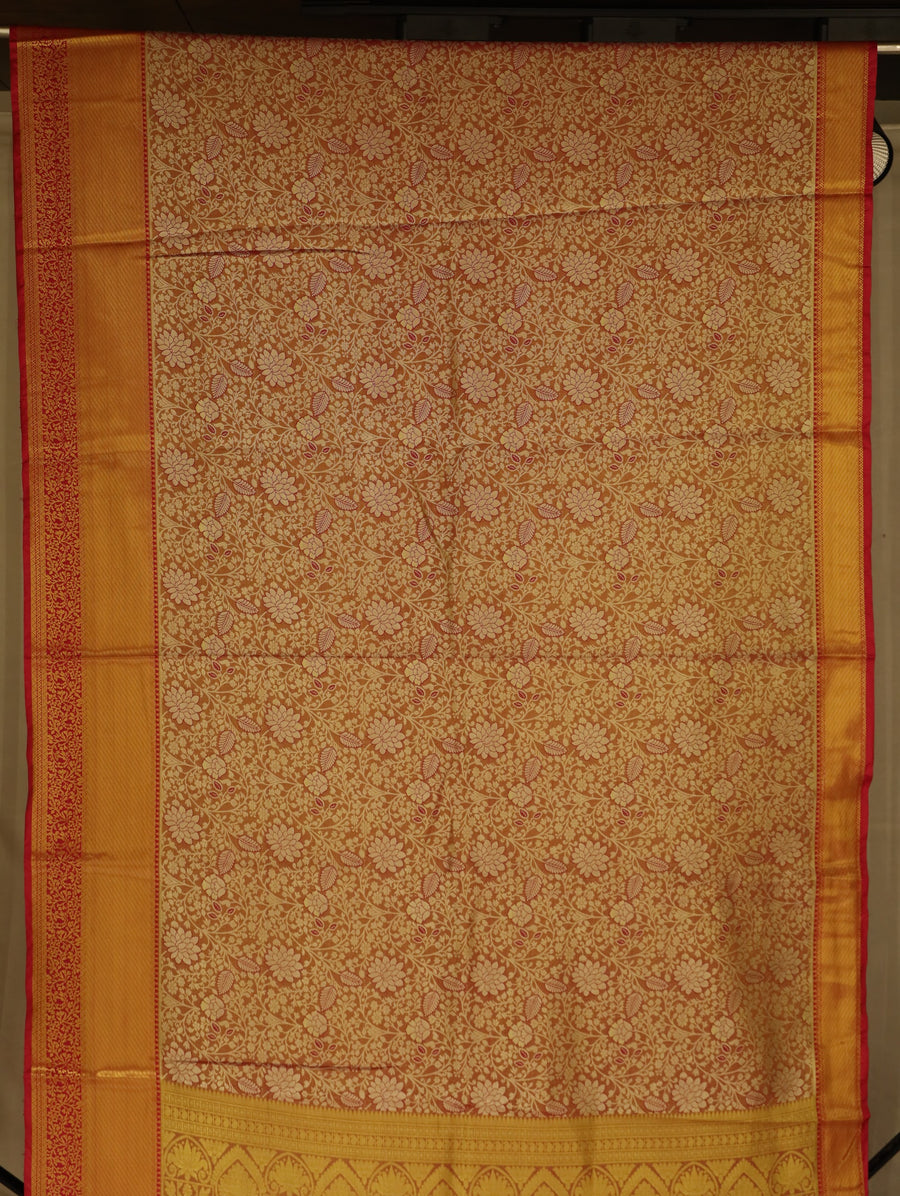 Burnt Orange Kanchipuram Inspired Semi Silk Saree with Wide Wide Contrast Border