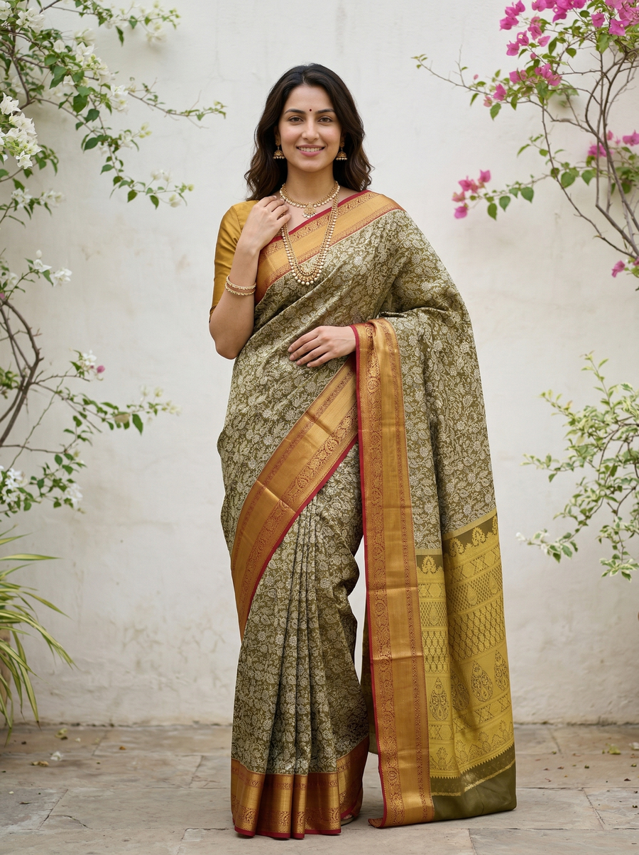 Olive Green Kanchipuram Inspired Semi Silk Saree with Medium Medium Contrast Border