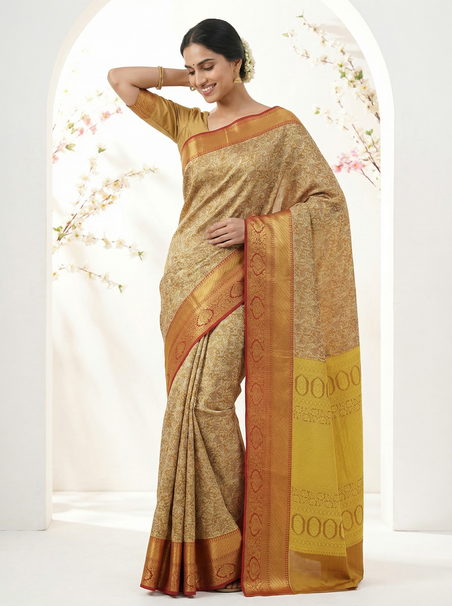 Mustard Gold Dharmavaram Inspired Semi Silk Saree with Wide Wide Contrast Border