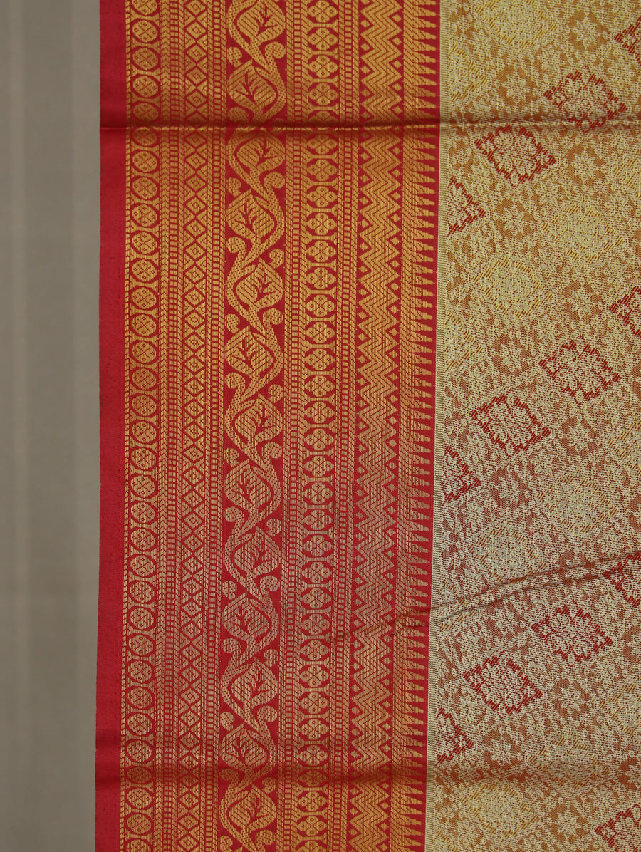 Champagne Gold Kanchipuram Inspired Semi Silk Saree with Wide Wide Contrast Border