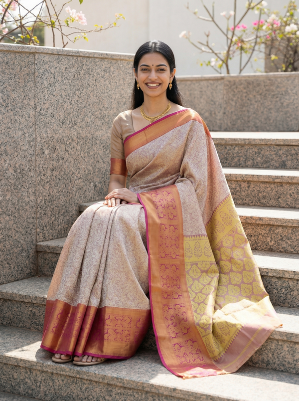Champagne Gold Kanchipuram Inspired Semi Silk Saree with Wide Wide Contrast Border