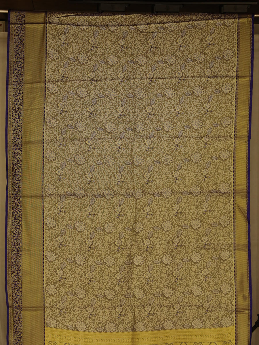 Champagne Gold Kanchipuram Inspired Semi Silk Saree with Narrow Narrow Contrast Border
