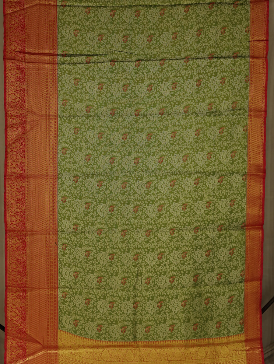 Sage Green Kanchipuram Inspired Semi Silk Saree with Wide Wide Contrast Border