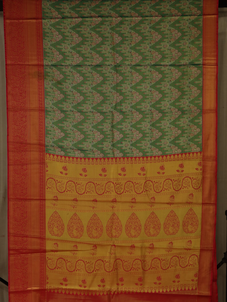 Sage Green Kanchipuram Inspired Semi Silk Saree with Wide Wide Contrast Border
