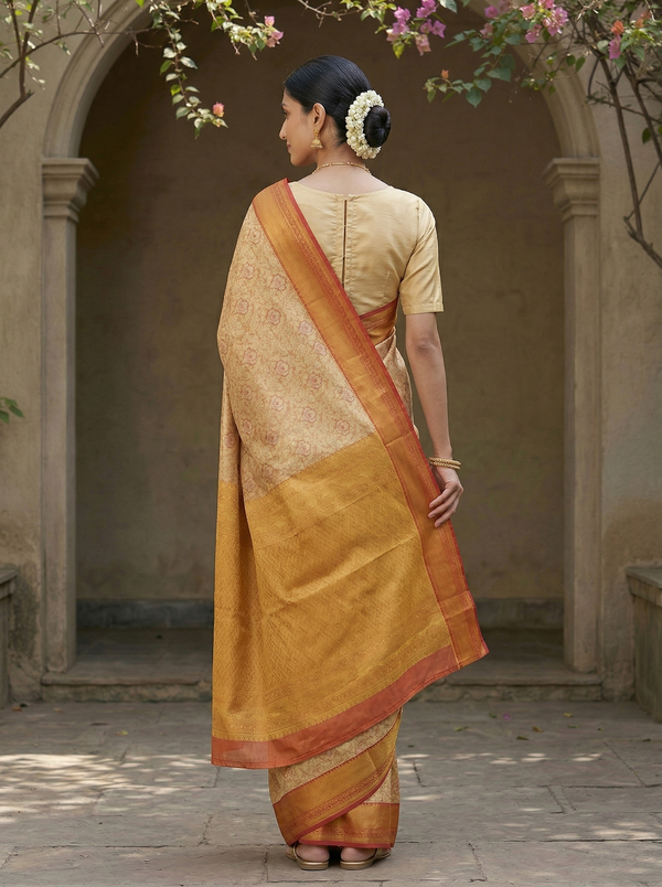Sunset Gold Dharmavaram Inspired Semi Silk Saree with Medium Medium Contrast Border