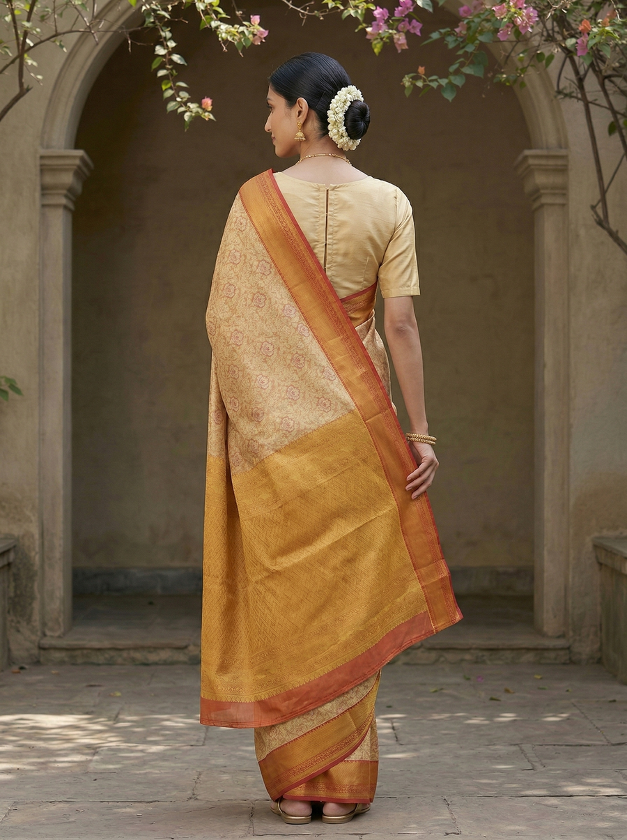 Sunset Gold Dharmavaram Inspired Semi Silk Saree with Medium Medium Contrast Border