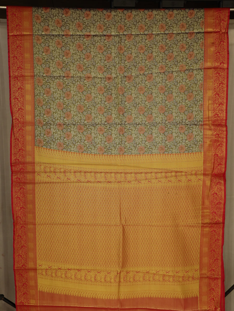 Sage Green Kanchipuram Inspired Semi Silk Saree with Wide Wide Contrast Border