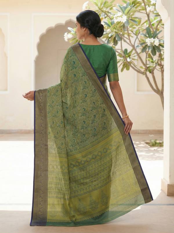 Olive Green Uppada Inspired Semi Silk Saree with Narrow Narrow Contrast Border