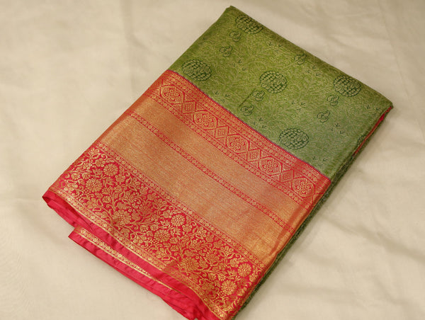 Sage Green Kanchipuram Inspired Semi Silk Saree with Wide Wide Contrast Border