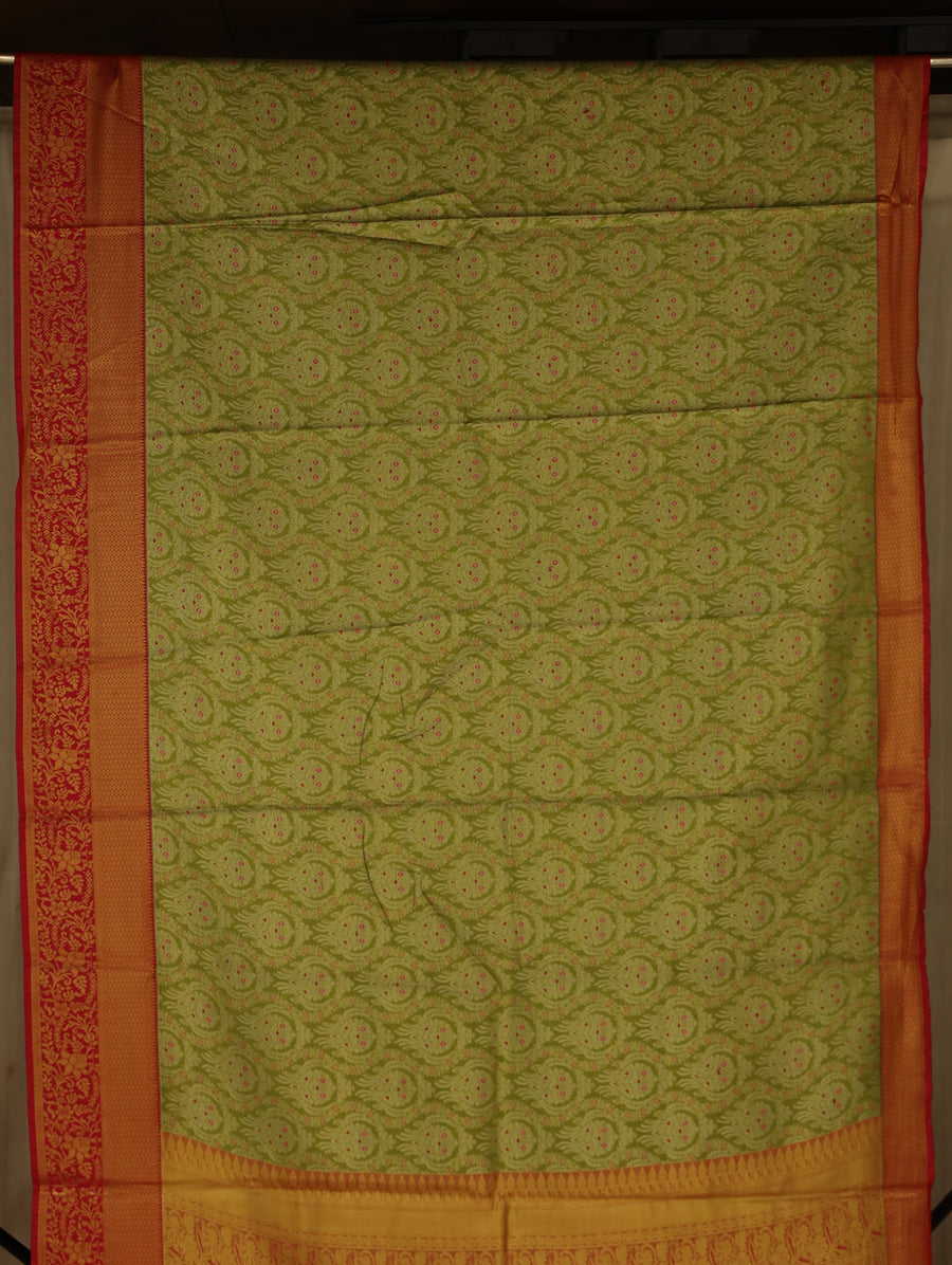 Olive Green Kanchipuram Inspired Semi Silk Saree with Medium Medium Contrast Border