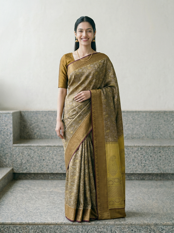 Antique Gold Kanchipuram Inspired Semi Silk Saree with Medium Medium Contrast Border