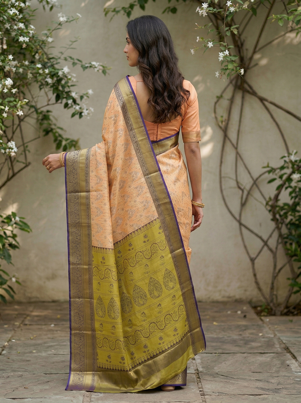 Peach Blush Kanchipuram Inspired Semi Silk Saree with Wide Wide Contrast Border