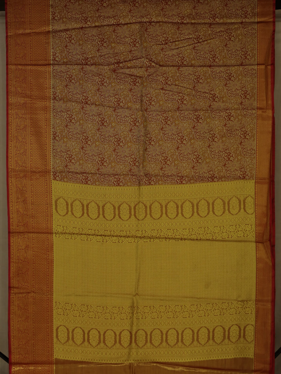 Antique Gold Kanchipuram Inspired Semi Silk Saree with Wide Wide Contrast Border
