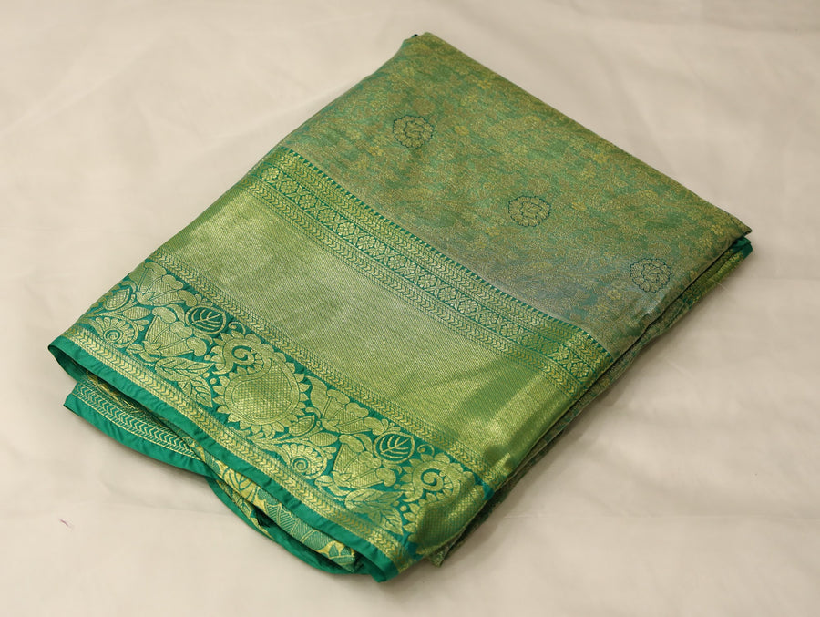 Emerald Green Kanchipuram Inspired Semi Silk Saree with Medium Medium Self Border