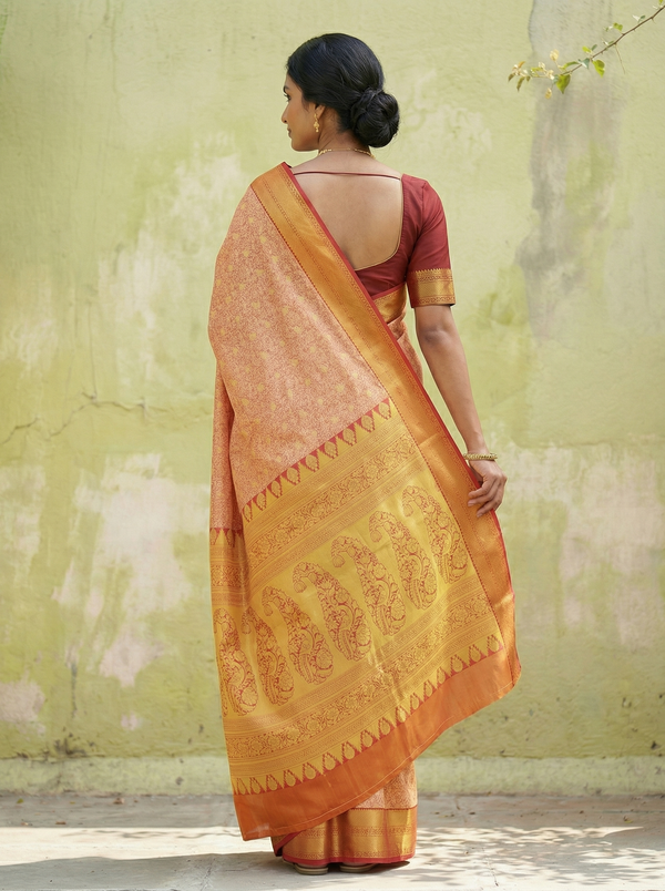 Sunset Orange Dharmavaram Inspired Semi Silk Saree with Wide Wide Contrast Border