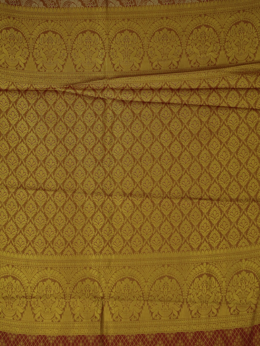 Champagne Gold Kanchipuram Inspired Semi Silk Saree with Wide Wide Contrast Border