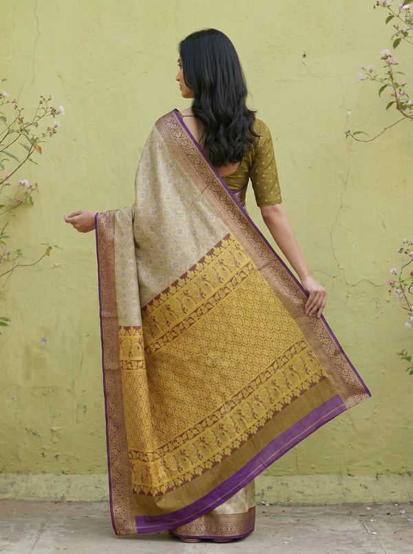 Champagne Gold Dharmavaram Inspired Semi Silk Saree with Wide Wide Contrast Border