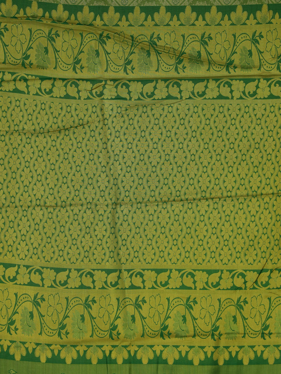 Spring Leaf Green Kanchipuram Inspired Semi Silk Saree with Wide Wide Contrast Border
