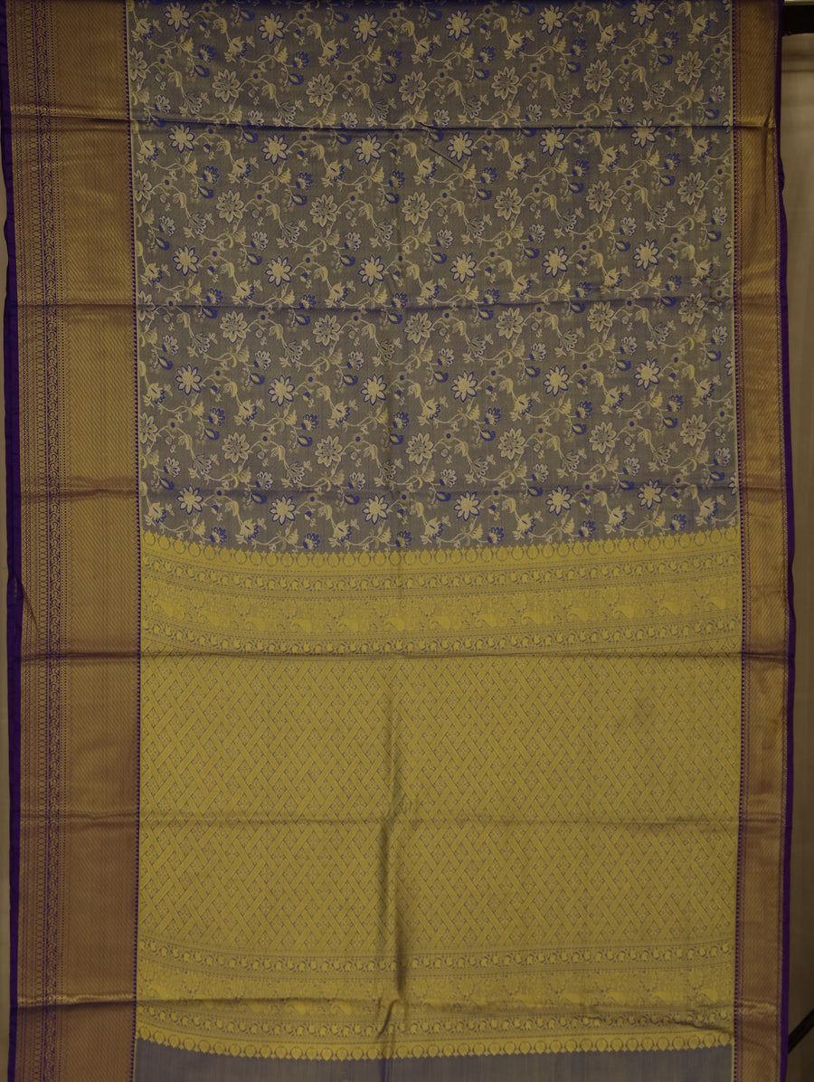 Slate Blue Kanchipuram Inspired Semi Silk Saree with Wide Wide Contrast Border